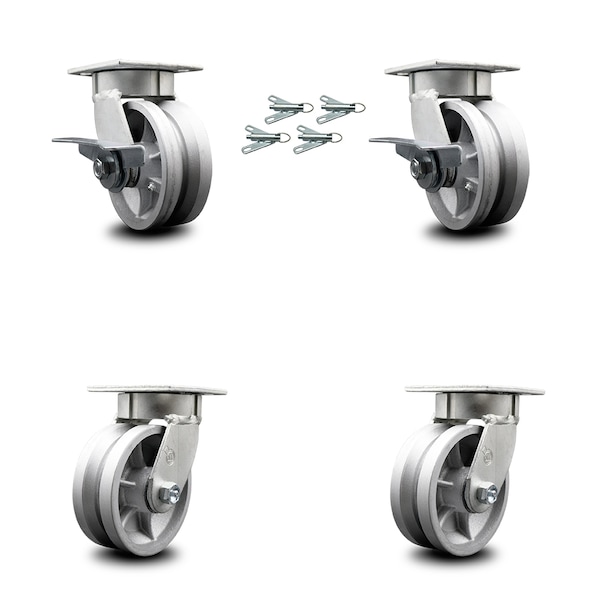 Service Caster 5 Inch Kingpinless V Groove Semi Steel Wheel Caster Swivel Locks 2 Brakes, 4PK SCC-KP30S520-VGR-SLB-BSL-2-BSL-2 - main